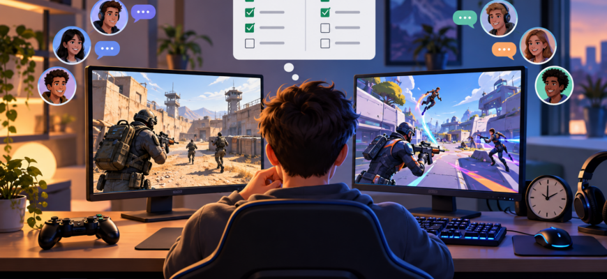 Ilustración de una persona eligiendo un shooter multijugador según tiempo, amigos y equipo